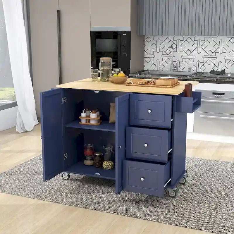 Îlot de cuisine roulant 52,76 po (134 cm) de largeur, plateau en bois massif à abattants, 3 tiroirs, roulettes verrouillables, armoire de rangement, étagère à épices, porte-serviettes, capacité de 72 kg (160 lb), chariot en MDF