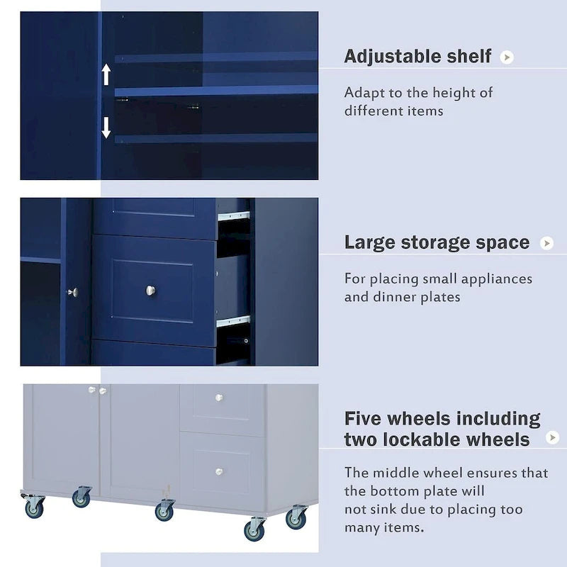 Îlot de cuisine roulant 52,76 po (134 cm) de largeur, plateau en bois massif à abattants, 3 tiroirs, roulettes verrouillables, armoire de rangement, étagère à épices, porte-serviettes, capacité de 72 kg (160 lb), chariot en MDF