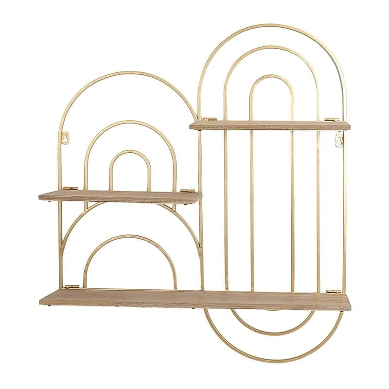 Étagère murale à 3 niveaux en métal doré - Design ovale abstrait, 74 cm (H) x 61 cm (L) x 14 cm (P), présentoir flottant moderne, organisateur de rangement décoratif