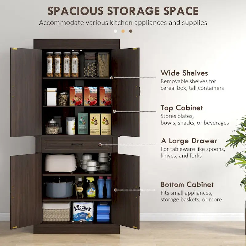 Armoire de cuisine de 180 cm de haut - 4 portes, 2 placards, grand tiroir - Rangement autoportant avec système anti-basculement, finition imitation bois