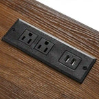 Îlot de cuisine style ferme, chariot à roulettes de 137 cm de large, 2 portes coulissantes de style grange, 3 tiroirs, prise électrique, ports USB, abattant, blanc et marron, capacité de rangement de 181 kg