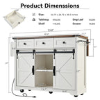 Îlot de cuisine style ferme, chariot à roulettes de 137 cm de large, 2 portes coulissantes de style grange, 3 tiroirs, prise électrique, ports USB, abattant, blanc et marron, capacité de rangement de 181 kg