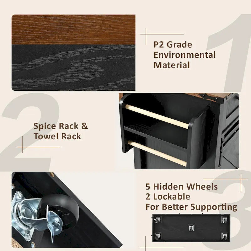 Îlot de cuisine style ferme, chariot à roulettes de 137 cm de large, 2 portes coulissantes de style grange, 3 tiroirs, prise électrique, ports USB, abattant, blanc et marron, capacité de rangement de 181 kg