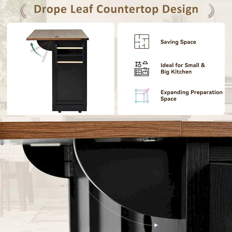 Îlot de cuisine style ferme, chariot à roulettes de 137 cm de large, 2 portes coulissantes de style grange, 3 tiroirs, prise électrique, ports USB, abattant, blanc et marron, capacité de rangement de 181 kg