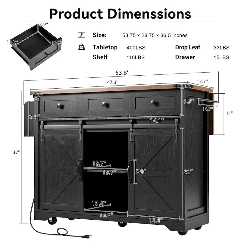 Îlot de cuisine style ferme, chariot à roulettes de 137 cm de large, 2 portes coulissantes de style grange, 3 tiroirs, prise électrique, ports USB, abattant, blanc et marron, capacité de rangement de 181 kg