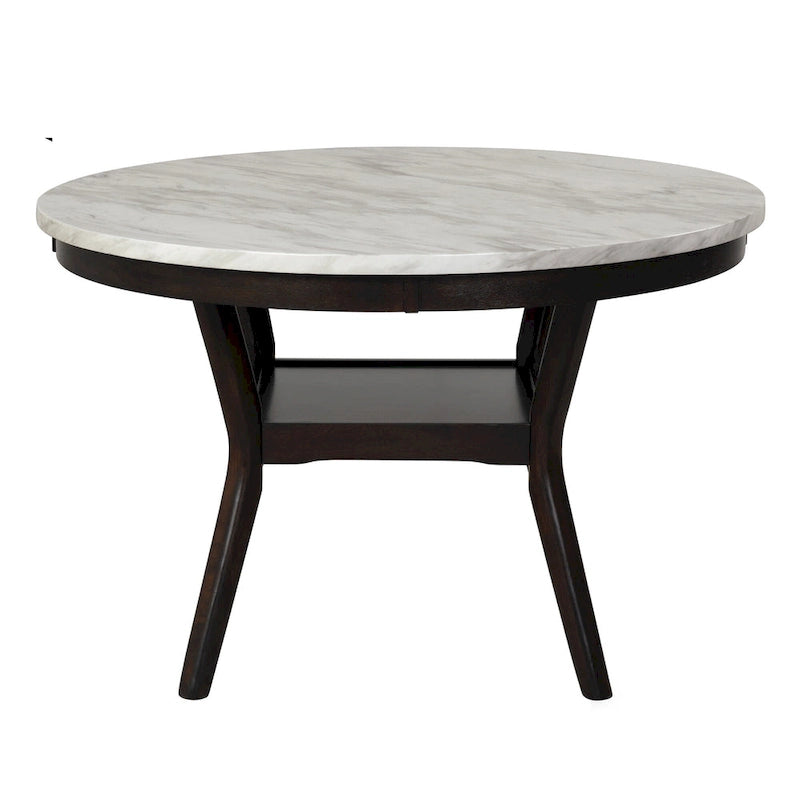 Table de salle à manger ronde de 119 cm (47 po) - Plateau en imitation marbre, pieds en forme de boomerang, bois massif, résistante à la chaleur et à l'eau, étagère inférieure, blanc/expresso, bicolore, hauteur 76 cm (30 po)