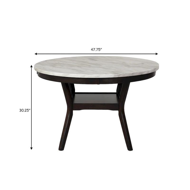 Table de salle à manger ronde de 119 cm (47 po) - Plateau en imitation marbre, pieds en forme de boomerang, bois massif, résistante à la chaleur et à l'eau, étagère inférieure, blanc/expresso, bicolore, hauteur 76 cm (30 po)