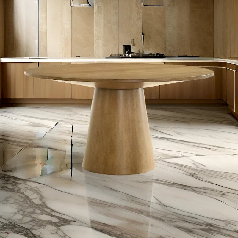 Yuvi 59 Inch Dining Table, Round Tabletop and Pedestal Base, Brown Finish