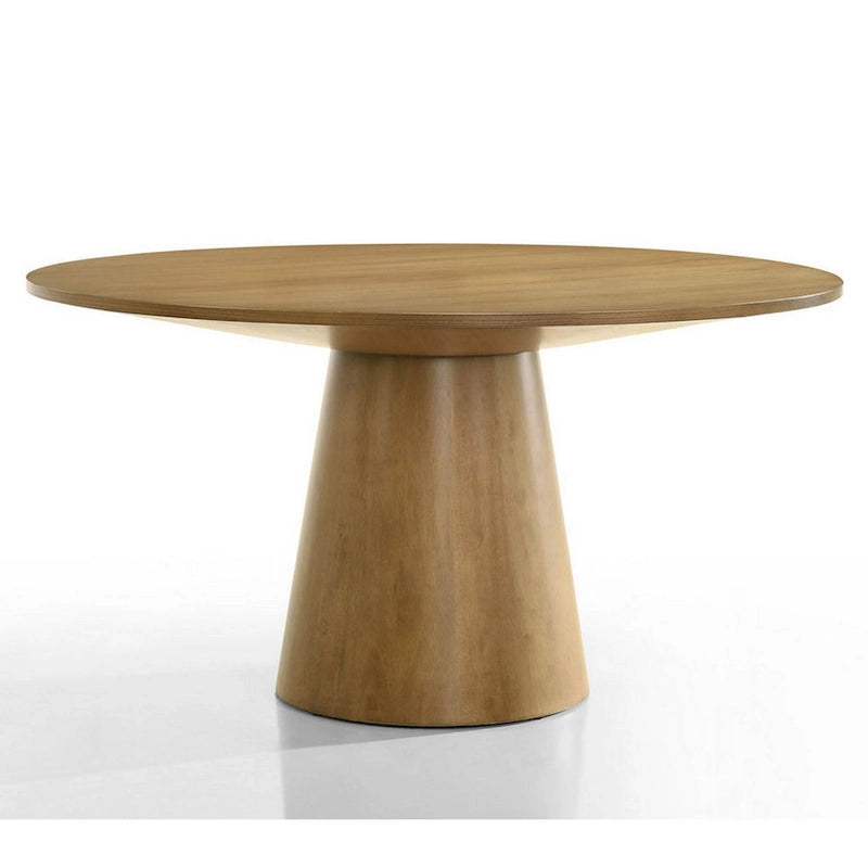 Table de salle à manger ronde de 150 cm (59 po) - Pied central, bois massif/MDF/placage chêne, brun bois flotté, grain apparent, style transitionnel moderne, hauteur 79 cm (31 po)