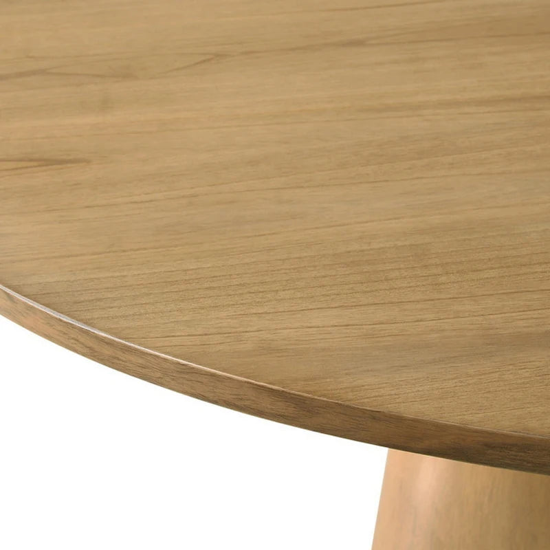 Table de salle à manger ronde de 150 cm (59 po) - Pied central, bois massif/MDF/placage chêne, brun bois flotté, grain apparent, style transitionnel moderne, hauteur 79 cm (31 po)
