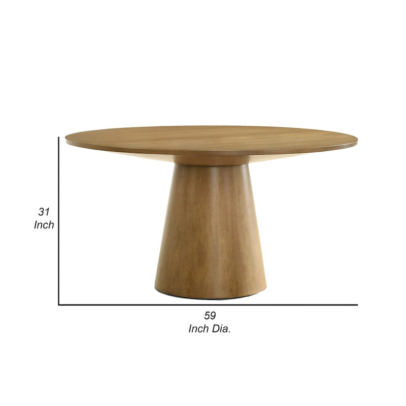 Table de salle à manger ronde de 150 cm (59 po) - Pied central, bois massif/MDF/placage chêne, brun bois flotté, grain apparent, style transitionnel moderne, hauteur 79 cm (31 po)