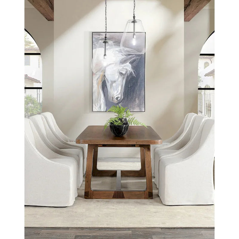 Table de salle à manger extensible 80-110 po - Pin massif, pied central, 6 à 10 couverts, teintée à la main, plateau à lattes, brun fumé, style transitionnel moderne, hauteur 30 po