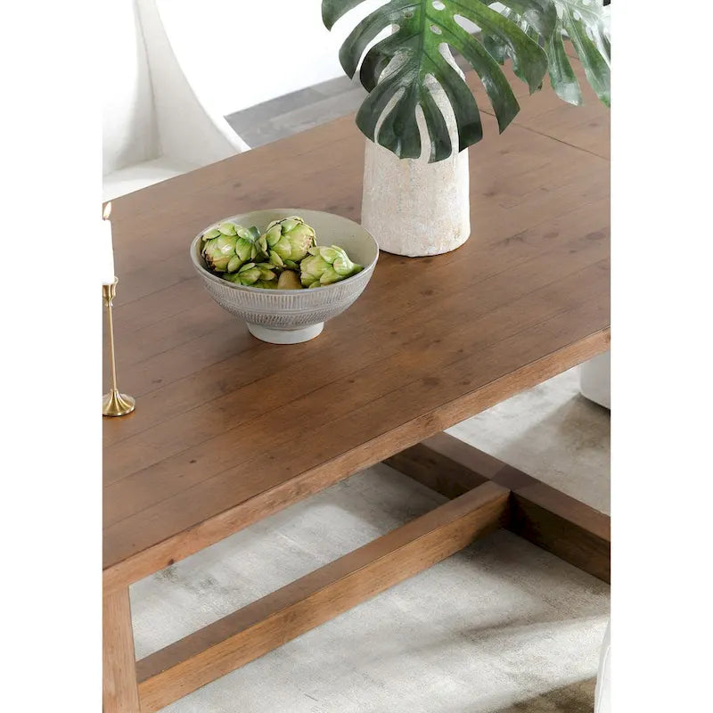 Table de salle à manger extensible 80-110 po - Pin massif, pied central, 6 à 10 couverts, teintée à la main, plateau à lattes, brun fumé, style transitionnel moderne, hauteur 30 po