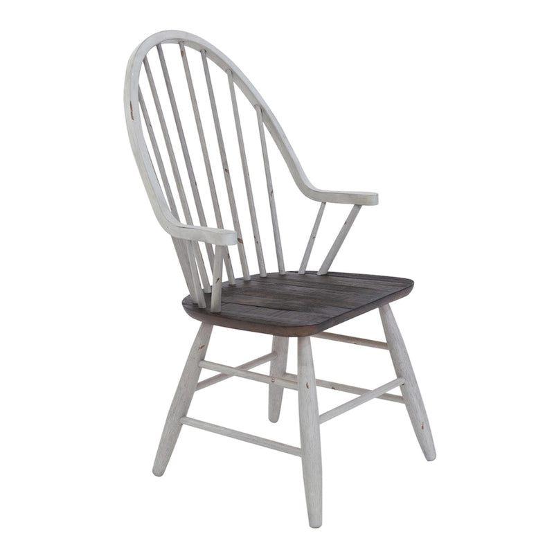 Ensemble de table à tréteaux 7 pièces - Extensible jusqu'à 259 cm, 2 fauteuils, 4 chaises, bois d'hévéa, bicolore blanc/chêne, dossier Windsor, style campagnard