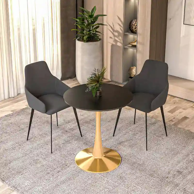 Table de salle à manger ronde de 61 cm (24 po) - Plateau en MDF, pied central en acier doré, 4 couverts, style moderne du milieu du siècle