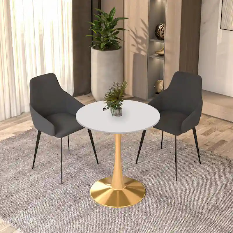 Table de salle à manger ronde de 61 cm (24 po) - Plateau en MDF, pied central en acier doré, 4 couverts, style moderne du milieu du siècle