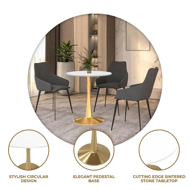 Table de salle à manger ronde de 61 cm (24 po) - Plateau en MDF, pied central en acier doré, 4 couverts, style moderne du milieu du siècle
