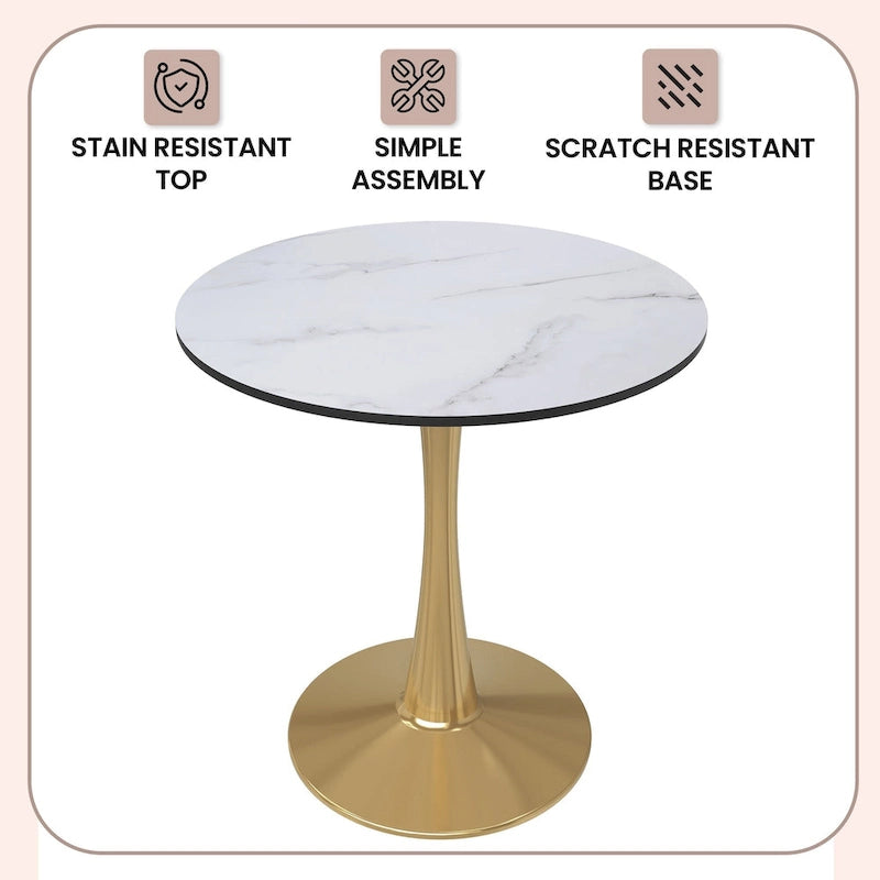 Table de salle à manger ronde de 61 cm (24 po) - Plateau en MDF, pied central en acier doré, 4 couverts, style moderne du milieu du siècle