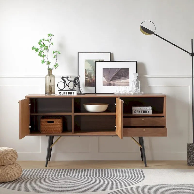 Buffet de 157 cm (62 po) - 2 portes, 2 tiroirs, finition noyer, surface imperméable, anti-basculement, style moderne du milieu du siècle, rangement multi-pièces