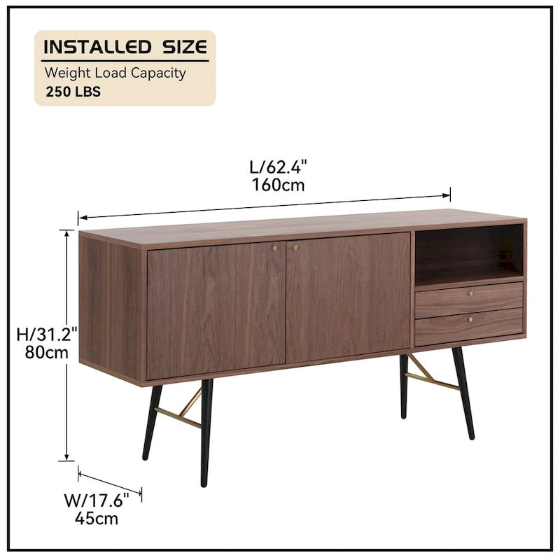 Buffet de 157 cm (62 po) - 2 portes, 2 tiroirs, finition noyer, surface imperméable, anti-basculement, style moderne du milieu du siècle, rangement multi-pièces