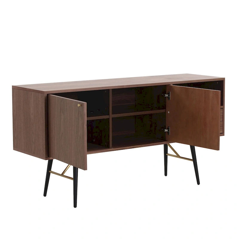 Buffet de 157 cm (62 po) - 2 portes, 2 tiroirs, finition noyer, surface imperméable, anti-basculement, style moderne du milieu du siècle, rangement multi-pièces