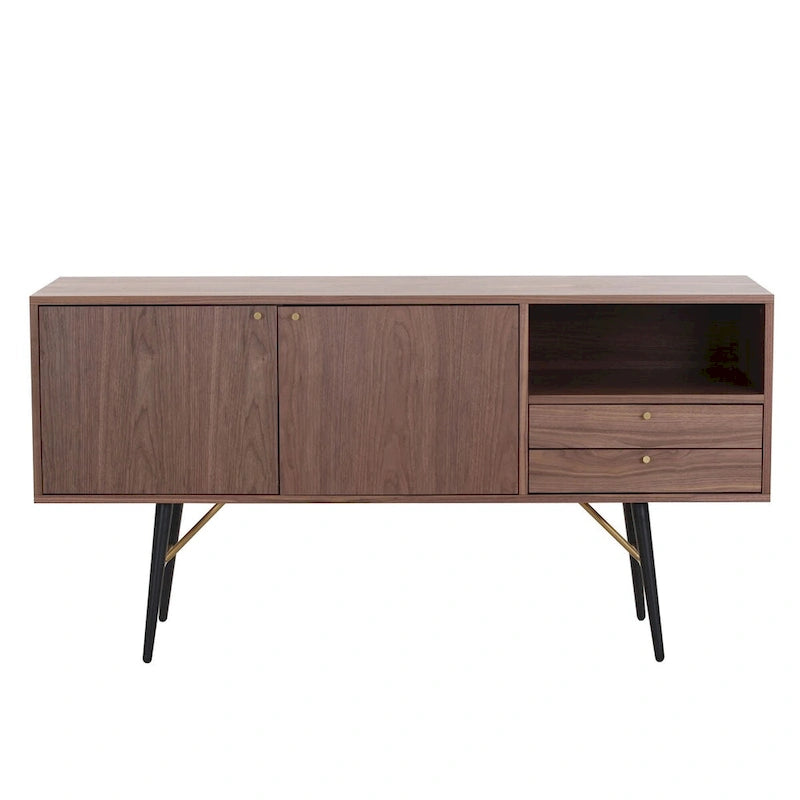 Buffet de 157 cm (62 po) - 2 portes, 2 tiroirs, finition noyer, surface imperméable, anti-basculement, style moderne du milieu du siècle, rangement multi-pièces