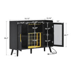 Meuble bar à vin avec casier 20 bouteilles, structure dorée, éclairage LED RGB, 135 cm (L) x 97 cm (H), porte vitrée, prises électriques, ports USB, bois d'ingénierie, rangement pour boissons noires