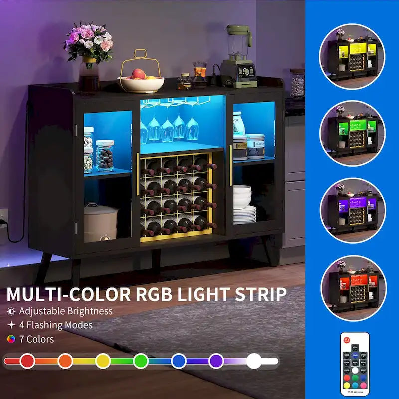 Meuble bar à vin avec casier 20 bouteilles, structure dorée, éclairage LED RGB, 135 cm (L) x 97 cm (H), porte vitrée, prises électriques, ports USB, bois d'ingénierie, rangement pour boissons noires