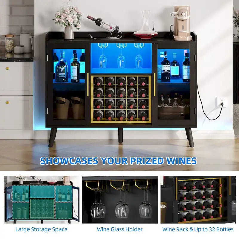 Meuble bar à vin avec casier 20 bouteilles, structure dorée, éclairage LED RGB, 135 cm (L) x 97 cm (H), porte vitrée, prises électriques, ports USB, bois d'ingénierie, rangement pour boissons noires