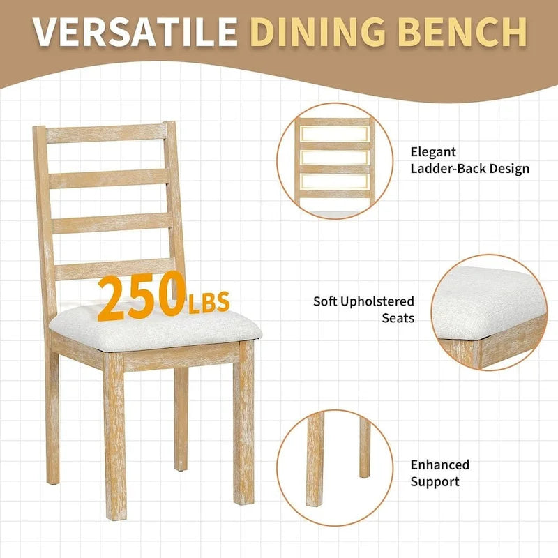 Ensemble de salle à manger 6 pièces : table ovale extensible de 107 à 152 cm, 4 chaises à dossier échelle, banc de 112 cm, bois d’hévéa massif, capacité de 113 kg, style campagnard