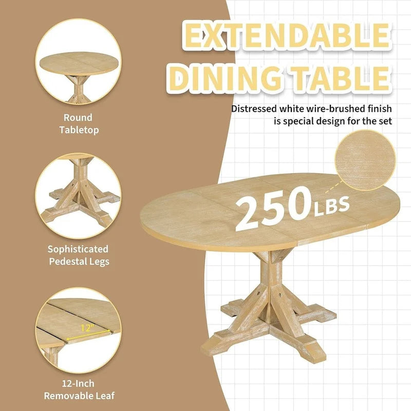 Ensemble de salle à manger 6 pièces : table ovale extensible de 107 à 152 cm, 4 chaises à dossier échelle, banc de 112 cm, bois d’hévéa massif, capacité de 113 kg, style campagnard