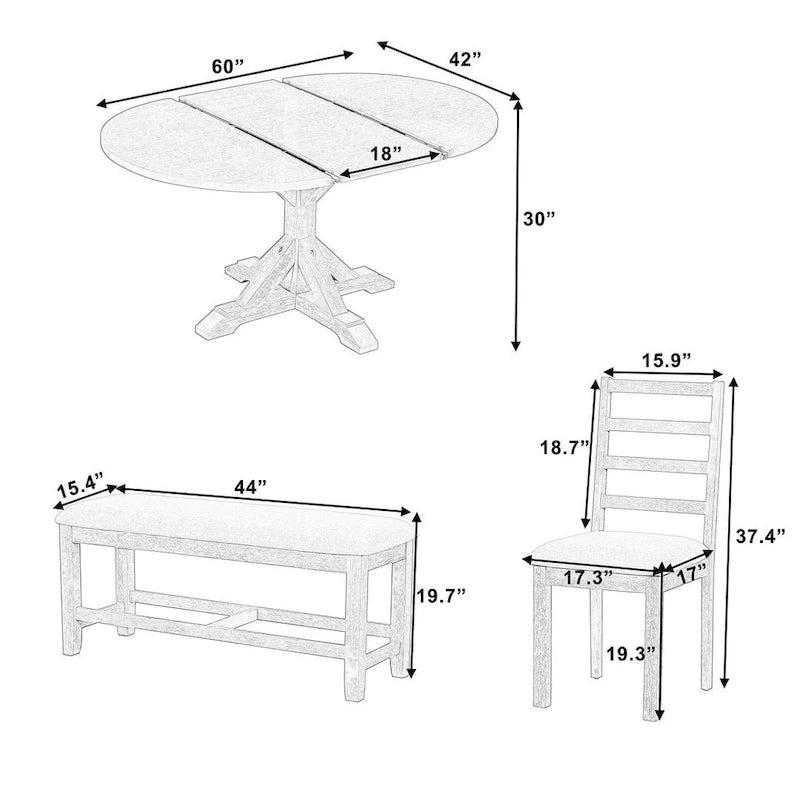 Ensemble de salle à manger 6 pièces : table ovale extensible de 107 à 152 cm, 4 chaises à dossier échelle, banc de 112 cm, bois d’hévéa massif, capacité de 113 kg, style campagnard