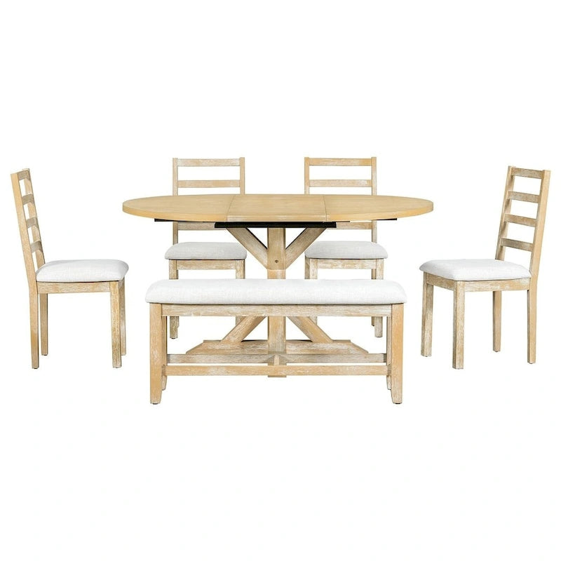 Ensemble de salle à manger 6 pièces : table ovale extensible de 107 à 152 cm, 4 chaises à dossier échelle, banc de 112 cm, bois d’hévéa massif, capacité de 113 kg, style campagnard