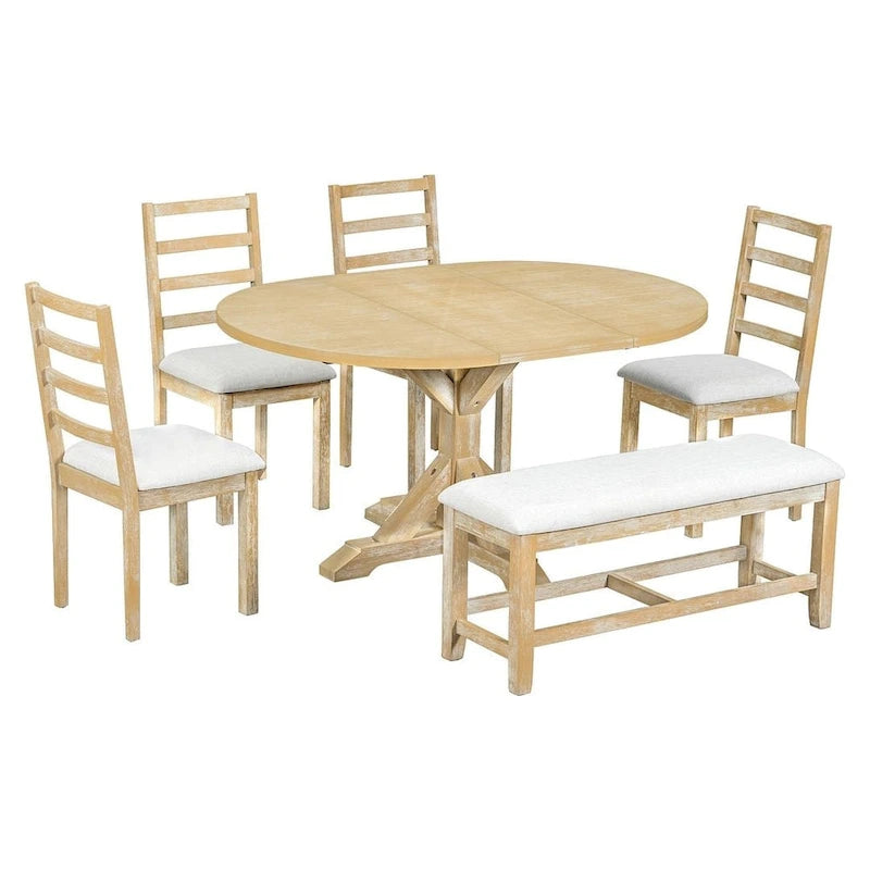 Ensemble de salle à manger 6 pièces : table ovale extensible de 107 à 152 cm, 4 chaises à dossier échelle, banc de 112 cm, bois d’hévéa massif, capacité de 113 kg, style campagnard