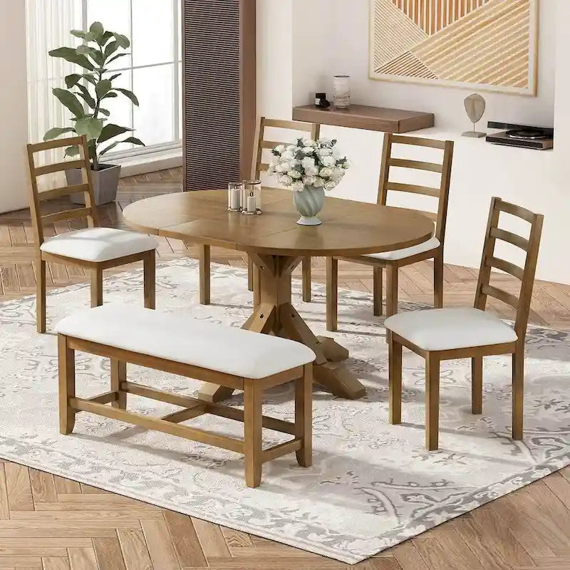 Ensemble de salle à manger 6 pièces : table ovale extensible de 107 à 152 cm, 4 chaises à dossier échelle, banc de 112 cm, bois d’hévéa massif, capacité de 113 kg, style campagnard