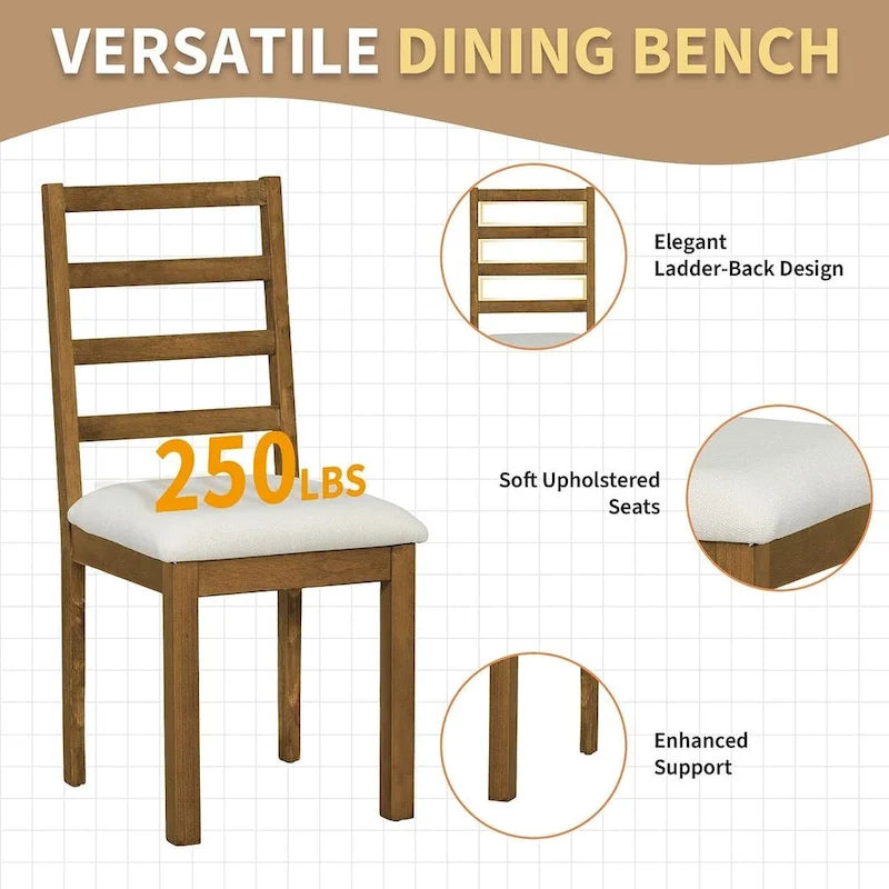 Ensemble de salle à manger 6 pièces : table ovale extensible de 107 à 152 cm, 4 chaises à dossier échelle, banc de 112 cm, bois d’hévéa massif, capacité de 113 kg, style campagnard