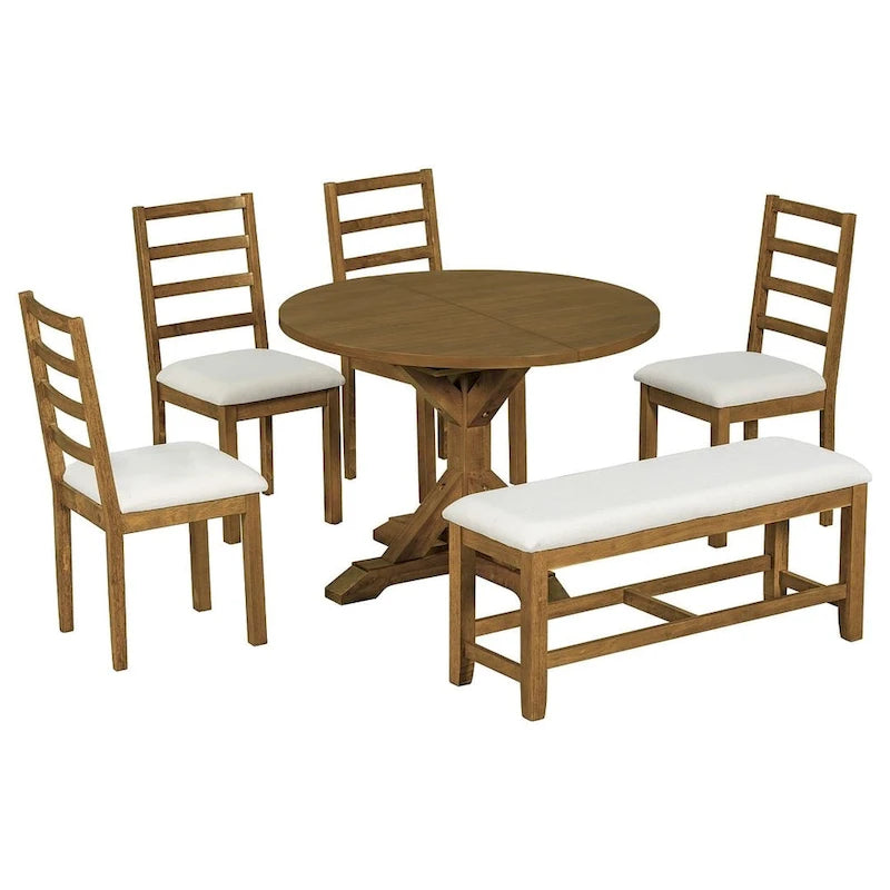 Ensemble de salle à manger 6 pièces : table ovale extensible de 107 à 152 cm, 4 chaises à dossier échelle, banc de 112 cm, bois d’hévéa massif, capacité de 113 kg, style campagnard