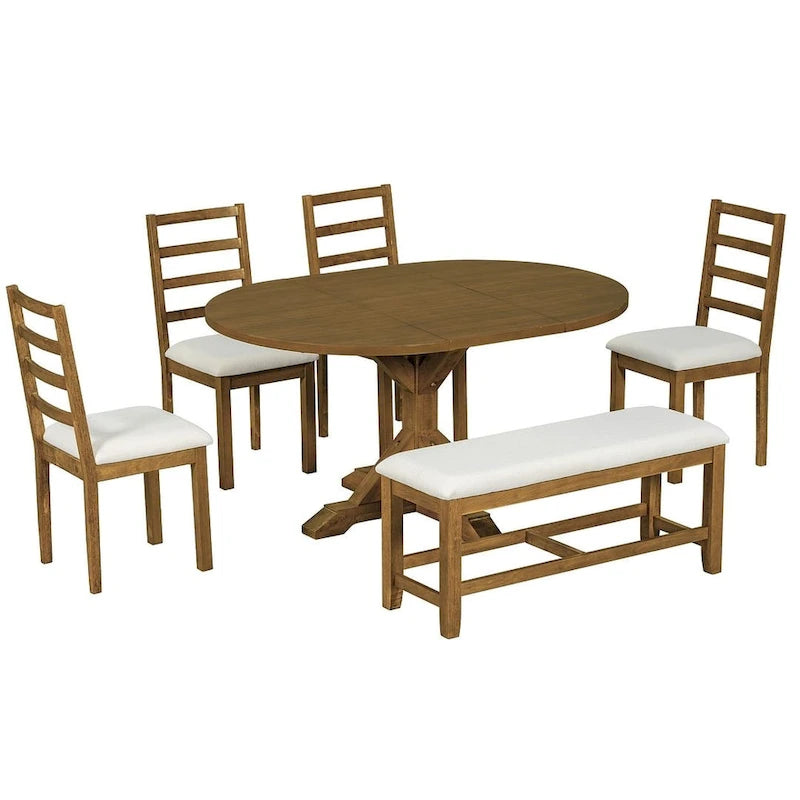 Ensemble de salle à manger 6 pièces : table ovale extensible de 107 à 152 cm, 4 chaises à dossier échelle, banc de 112 cm, bois d’hévéa massif, capacité de 113 kg, style campagnard