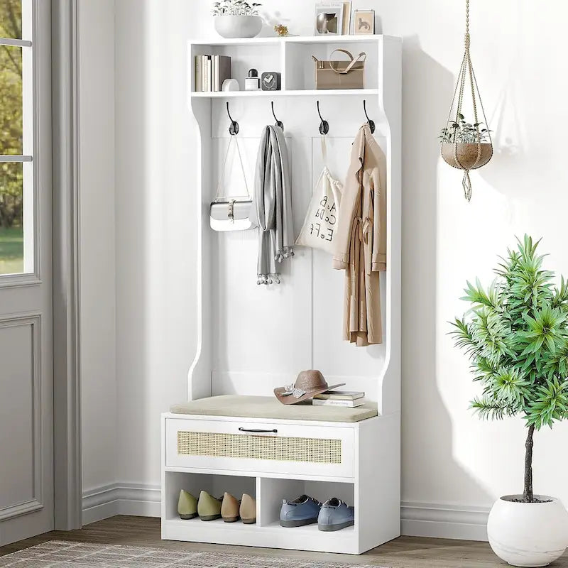 Anmytek 67 3-In-1 Hall Tree Shoe Storage Bench and Coat Rack with 4 Hooks and 6 Compartments for Entryway