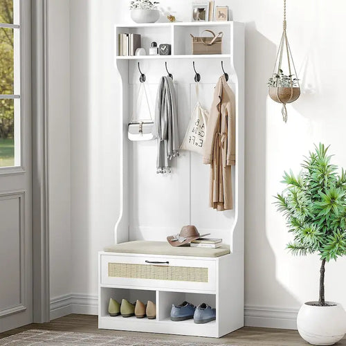 Anmytek 67 3-In-1 Hall Tree Shoe Storage Bench and Coat Rack with 4 Hooks and 6 Compartments for Entryway
