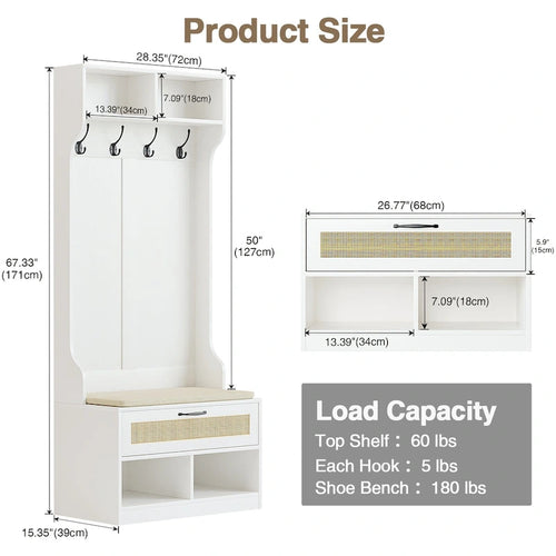 Meuble d'entrée 3 en 1 avec banc de rangement et porte-manteau - 4 crochets, 6 compartiments, hauteur 170 cm, finition blanche