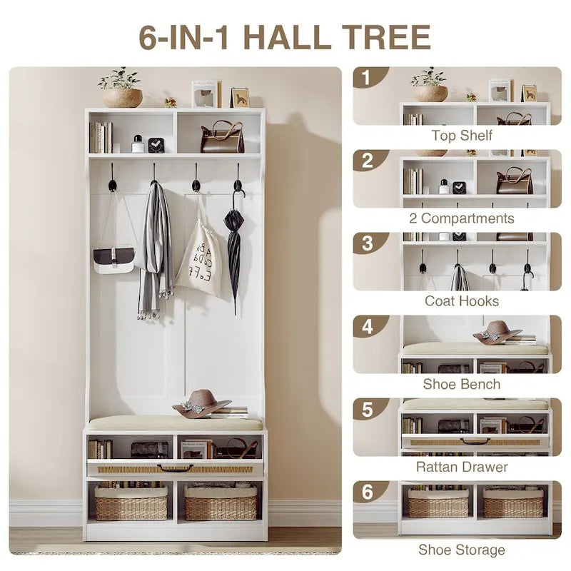 Meuble d'entrée 3 en 1 avec banc de rangement et porte-manteau - 4 crochets, 6 compartiments, hauteur 170 cm, finition blanche