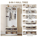 Meuble d'entrée 3 en 1 avec banc de rangement et porte-manteau - 4 crochets, 6 compartiments, hauteur 170 cm, finition blanche