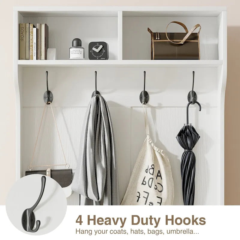 Meuble d'entrée 3 en 1 avec banc de rangement et porte-manteau - 4 crochets, 6 compartiments, hauteur 170 cm, finition blanche