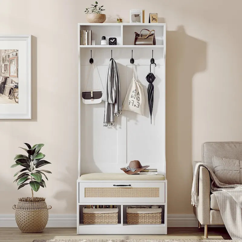Meuble d'entrée 3 en 1 avec banc de rangement et porte-manteau - 4 crochets, 6 compartiments, hauteur 170 cm, finition blanche