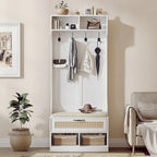 Meuble d'entrée 3 en 1 avec banc de rangement et porte-manteau - 4 crochets, 6 compartiments, hauteur 170 cm, finition blanche