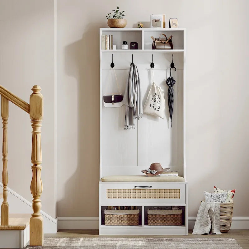 Meuble d'entrée 3 en 1 avec banc de rangement et porte-manteau - 4 crochets, 6 compartiments, hauteur 170 cm, finition blanche