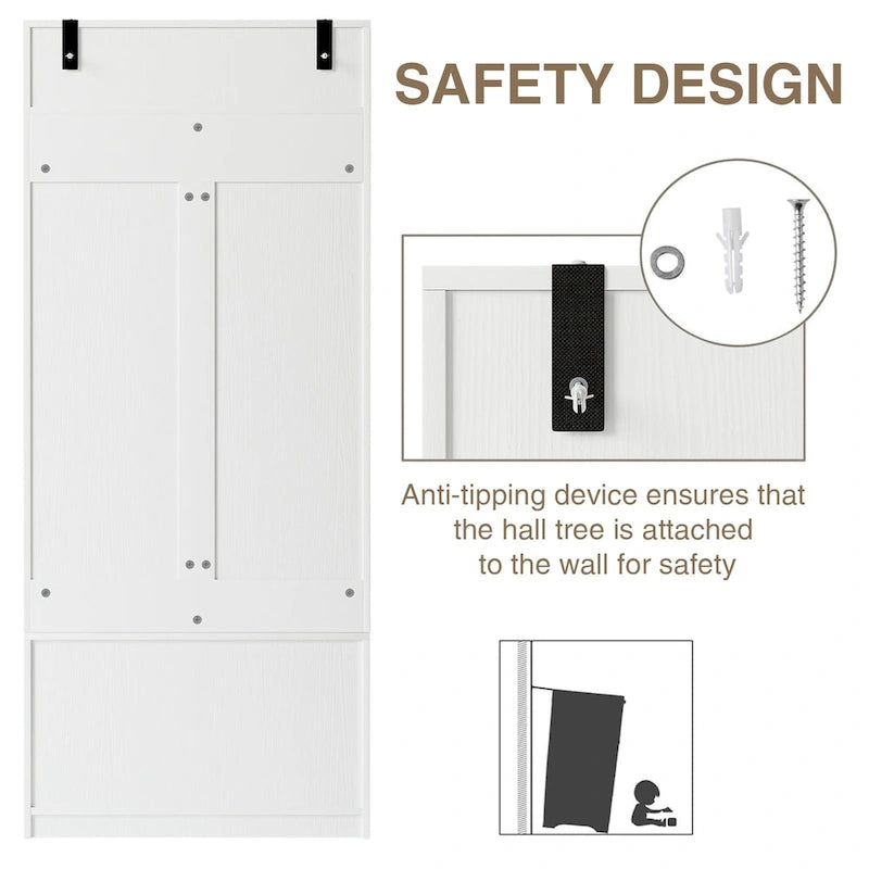 Meuble d'entrée 3 en 1 avec banc de rangement et porte-manteau - 4 crochets, 6 compartiments, hauteur 170 cm, finition blanche