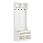 Meuble d'entrée 3 en 1 avec banc de rangement et porte-manteau - 4 crochets, 6 compartiments, hauteur 170 cm, finition blanche