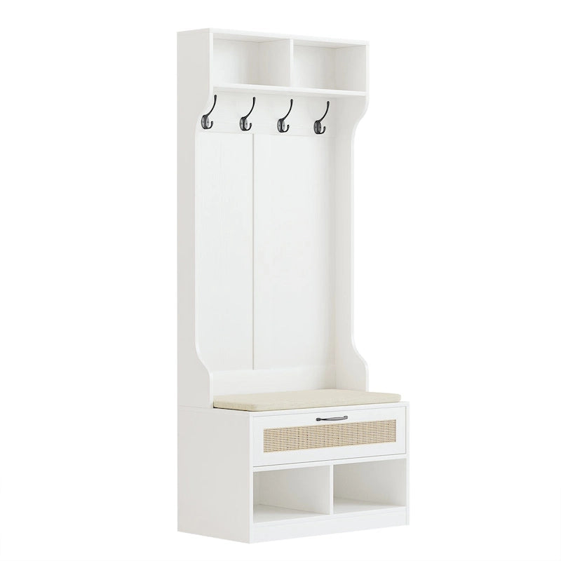 Meuble d'entrée 3 en 1 avec banc de rangement et porte-manteau - 4 crochets, 6 compartiments, hauteur 170 cm, finition blanche